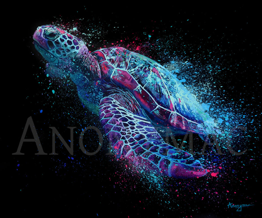 Portrait d'une tortue de mer peinte à l'acrylique dans les couleurs bleus et magenta.