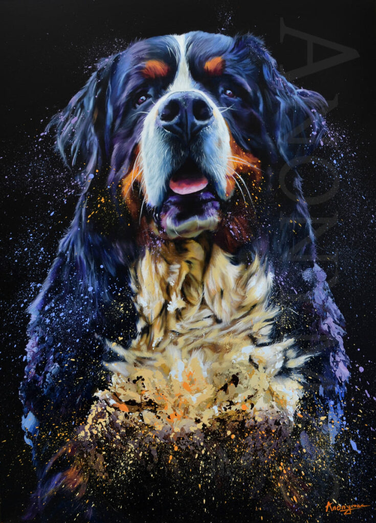 Portrait d'un chien peint à l'acrylique sur fond noir.