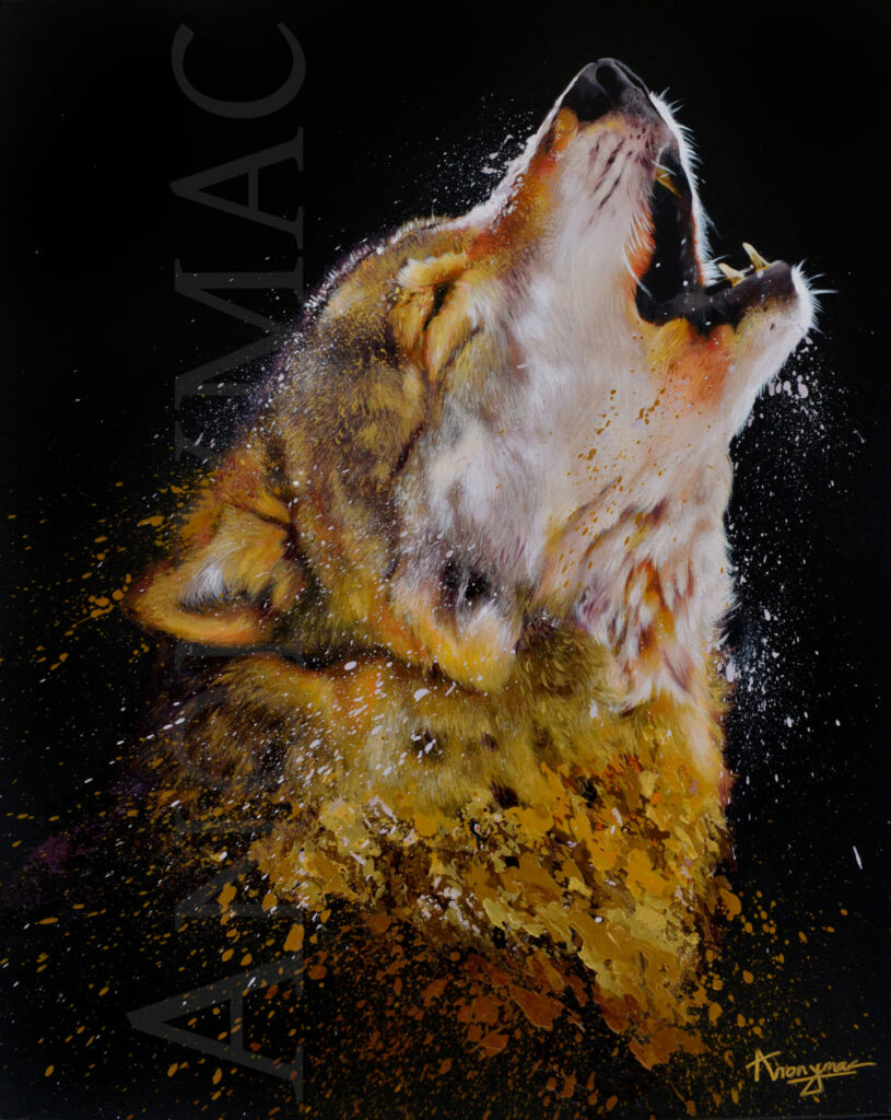 loup réaliste en peinture animalière à l'acrylique