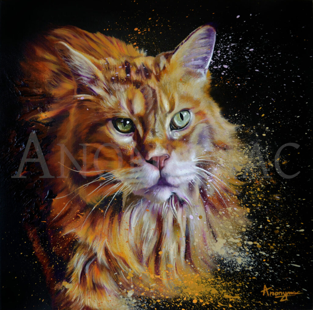 Chat Mainecoon réaliste en peinture animalière à l'acrylique